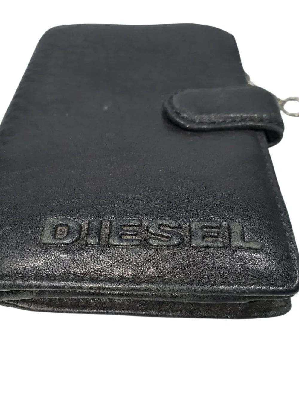 Vintage Y2K Diesel Bi-Fold Wallet w/Charm Black Leather Zipper Magnetic-Snap